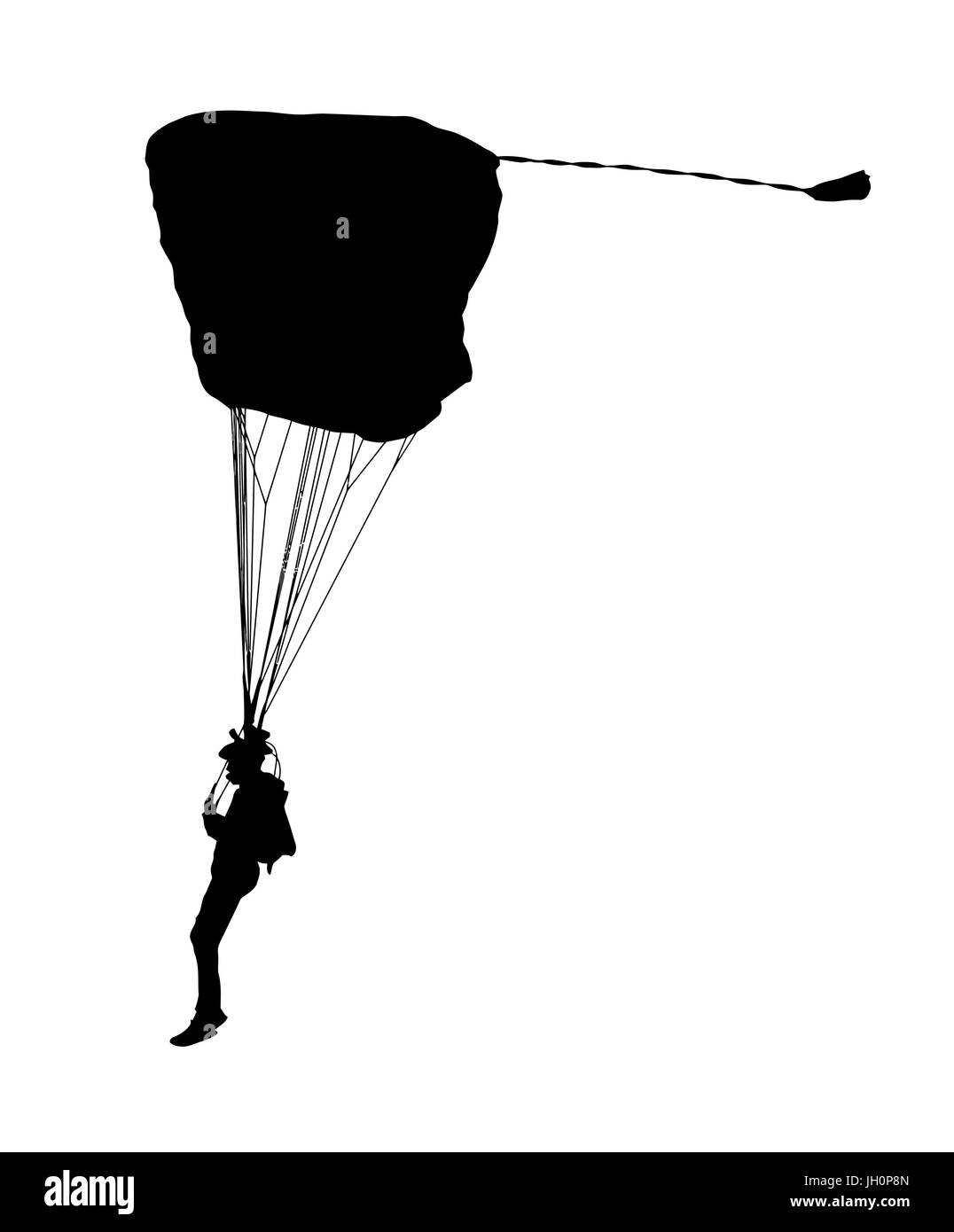 Side profile silhouette of sky diver with open parachute landing Stock Vector
