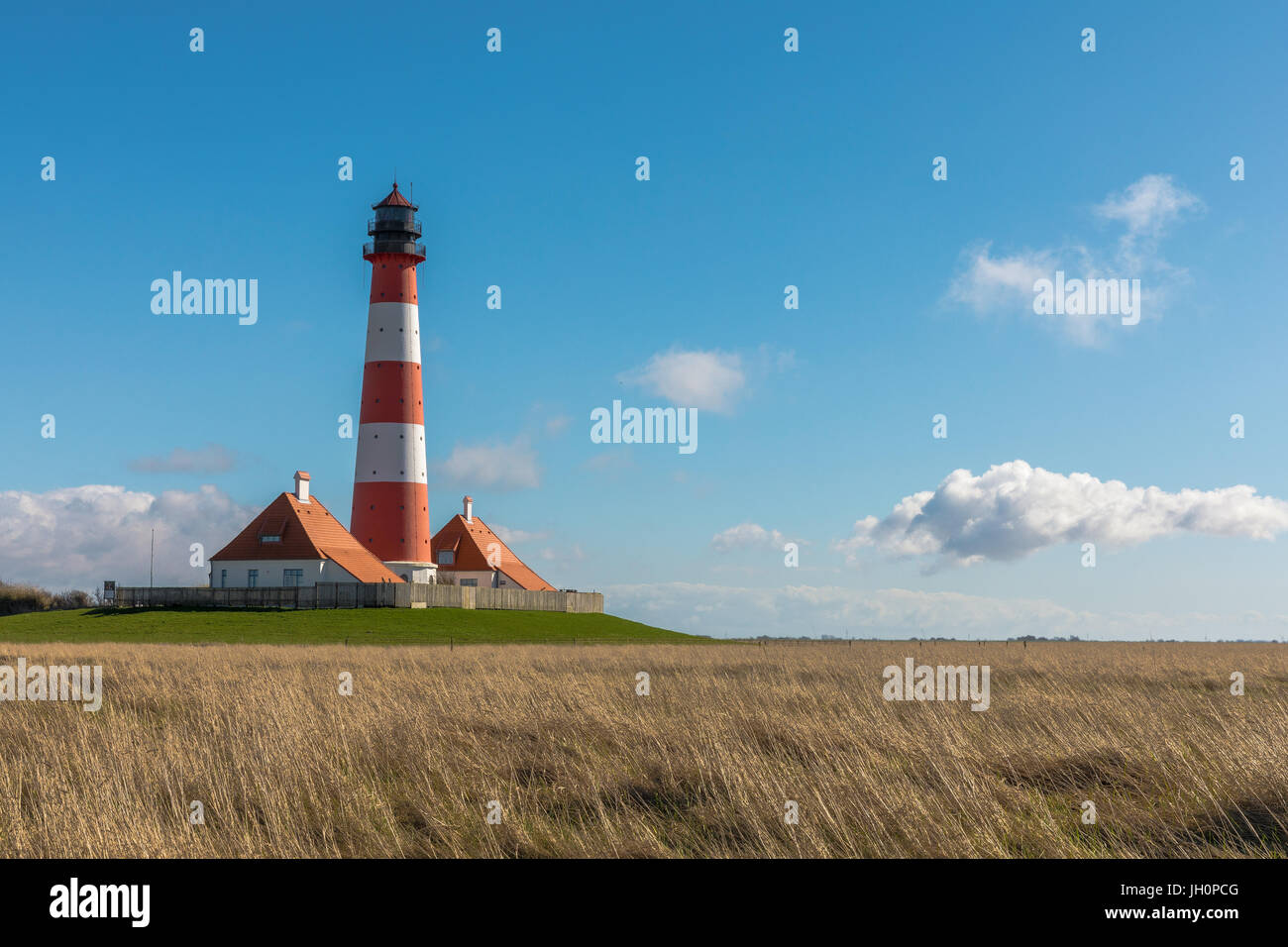Lighthouse and keeper houses with Reed and Grass in German North Sea Region, North Frisia, Schleswig-Holstein Stock Photo