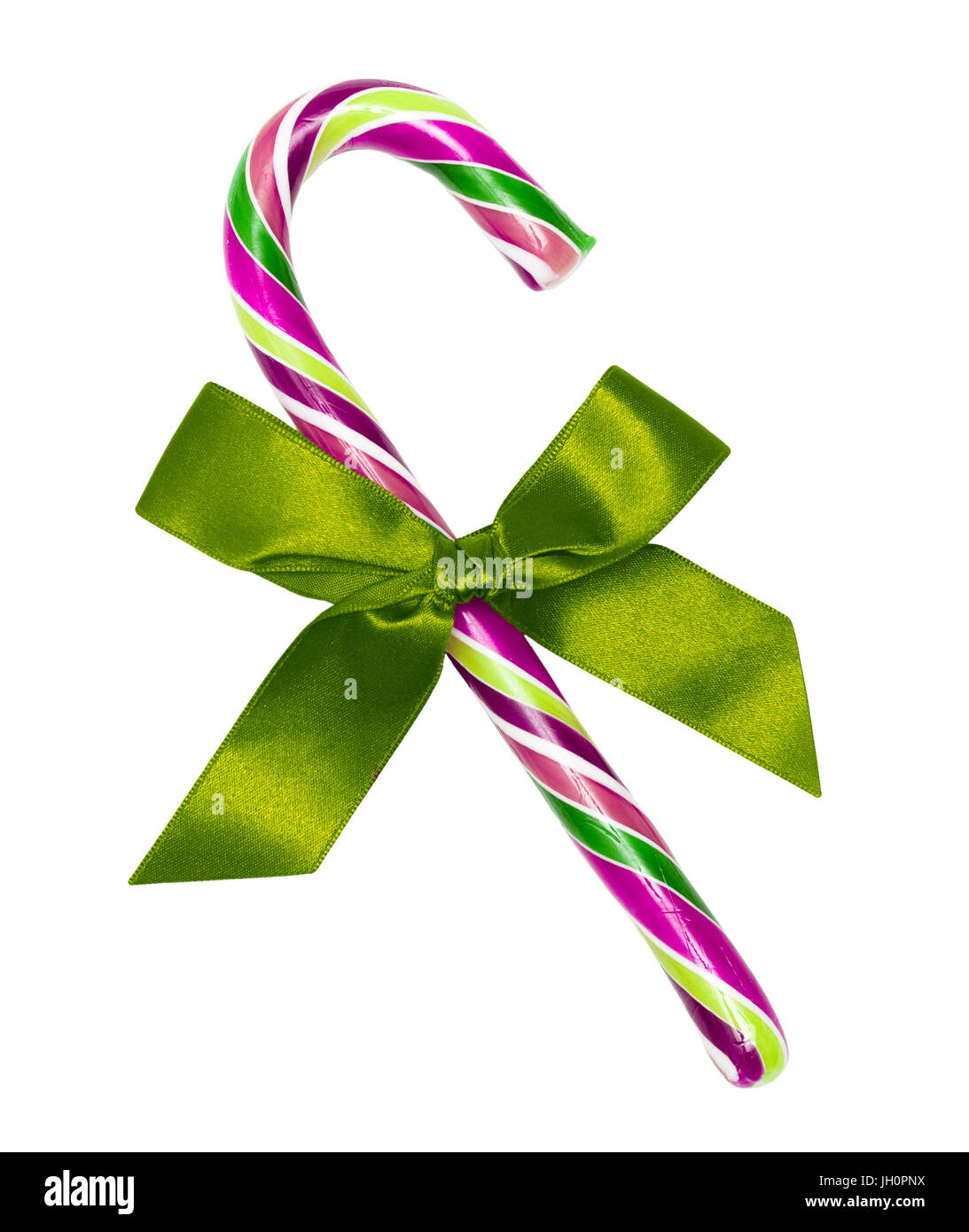 Purple candy cane with green bow, isolated on white without shadow