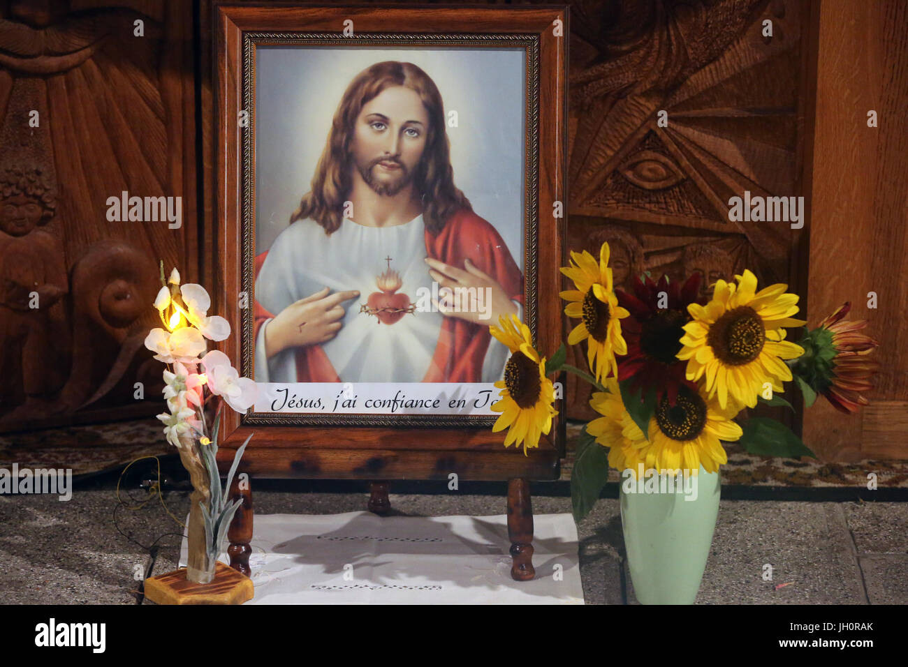 Notre-Dame des Alpes church. Painting. The Sacred Heart of Jesus.  France. Stock Photo