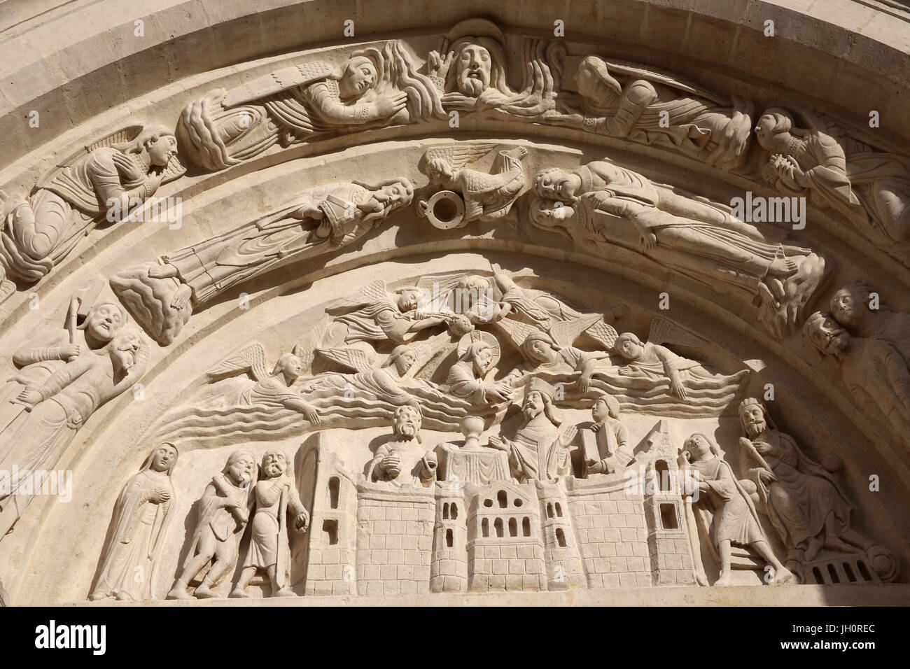 Saint Denis basilica Portail de droite. Tympan. Dernire communion de Saint Denis et ses deux compagnons.  France. Stock Photo
