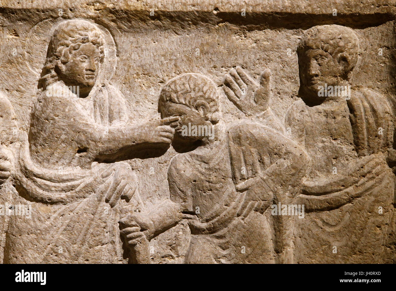 Saint Victor abbey, Marseille.  Sarcophagus detail:  Jesus curing a blind man. France. Stock Photo