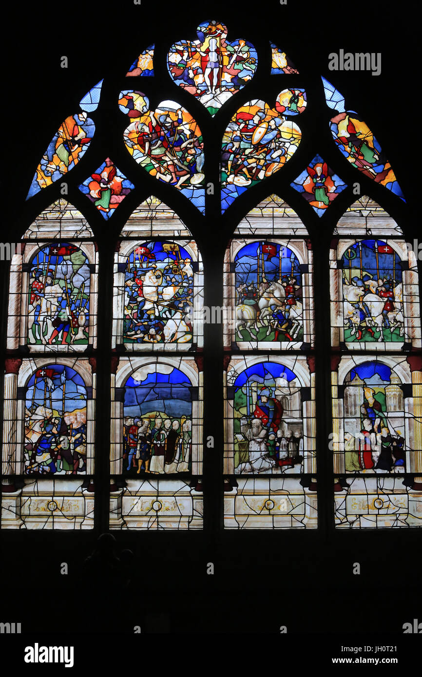 The Crusades of the Church Militant. Stained glass. Moulins Cathedral Basilica. Stock Photo