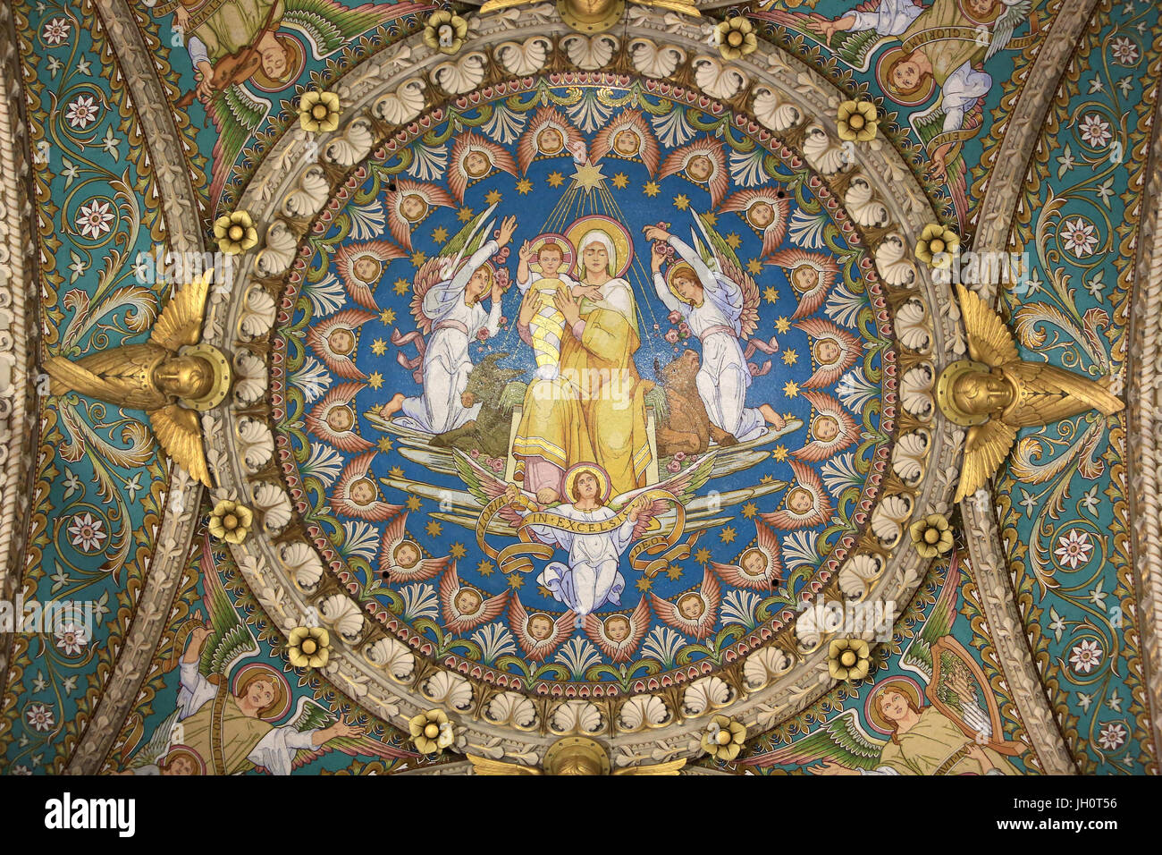 The Virgin and Child. Painting of the relationship of Mary with the Trinity. Cupola. Basilica of Notre-Dame de Fourvire. Lyon. Stock Photo