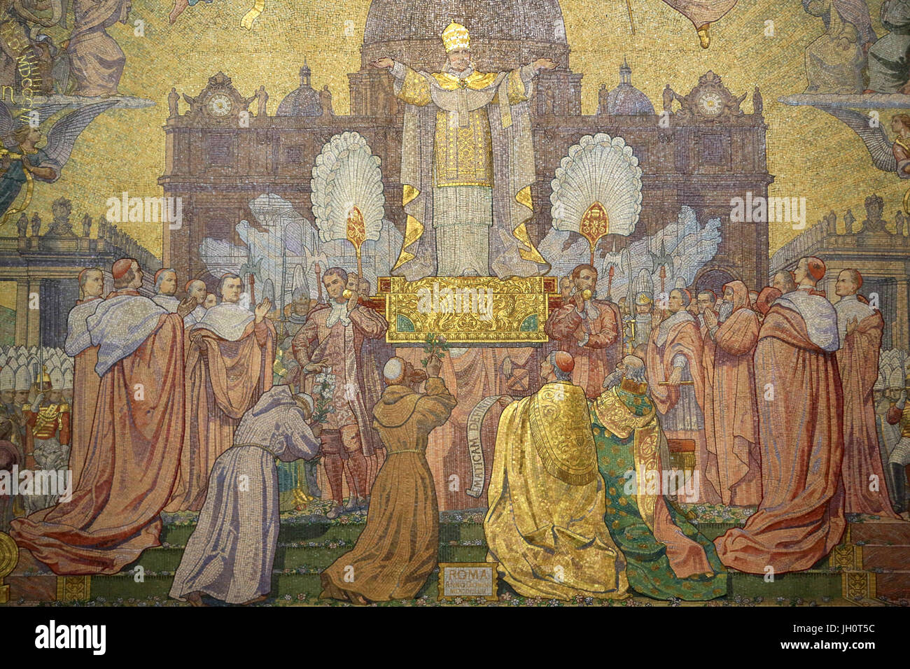 The proclamation of the dogma of the Immaculate Conception. Mosaic mural executed by workshops Martin of Paris. Basilica of Notre-Dame de Fourvire. L Stock Photo