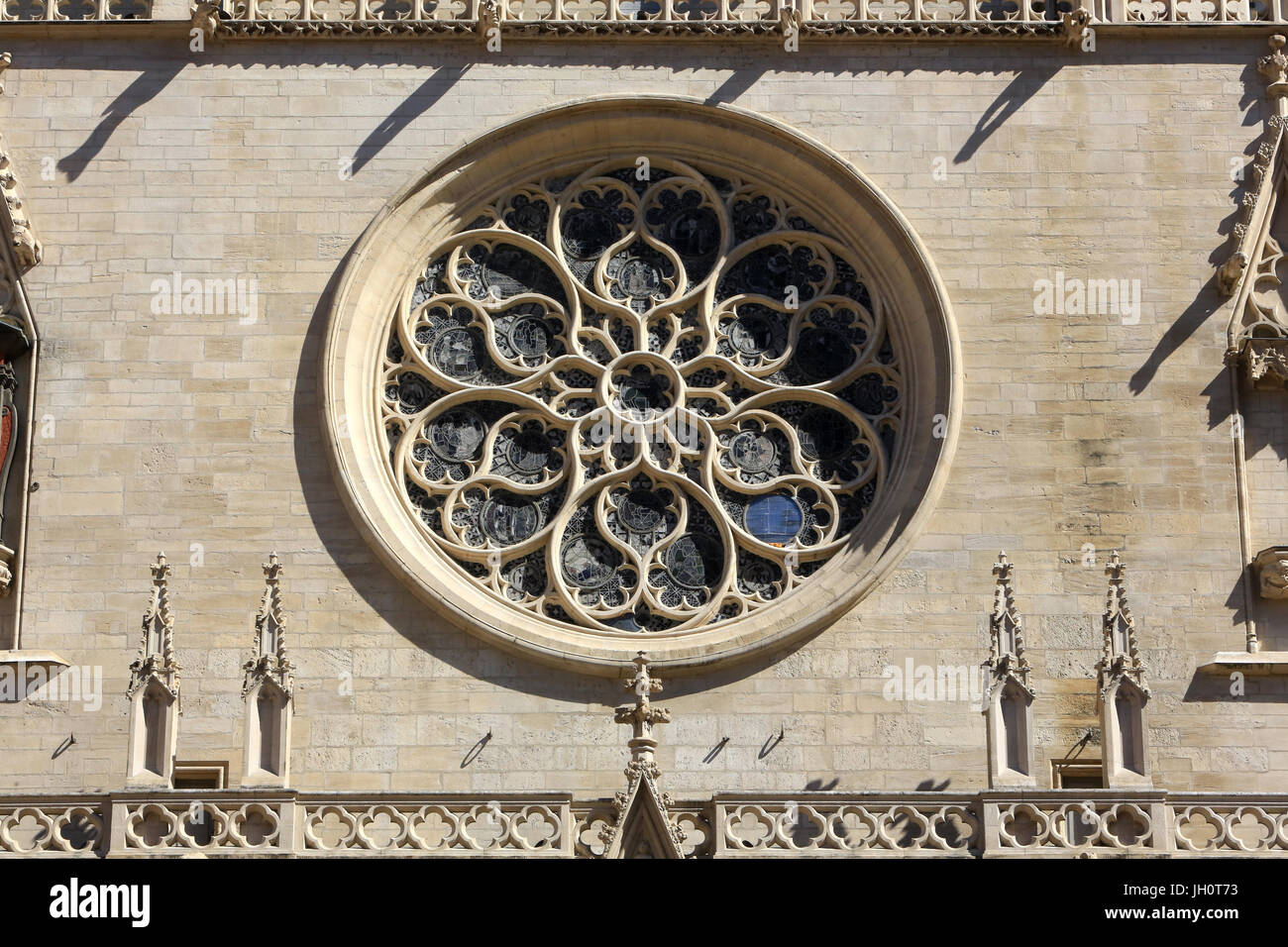 The Great Rosace. West facade. Lyon Cathedral. France. Stock Photo