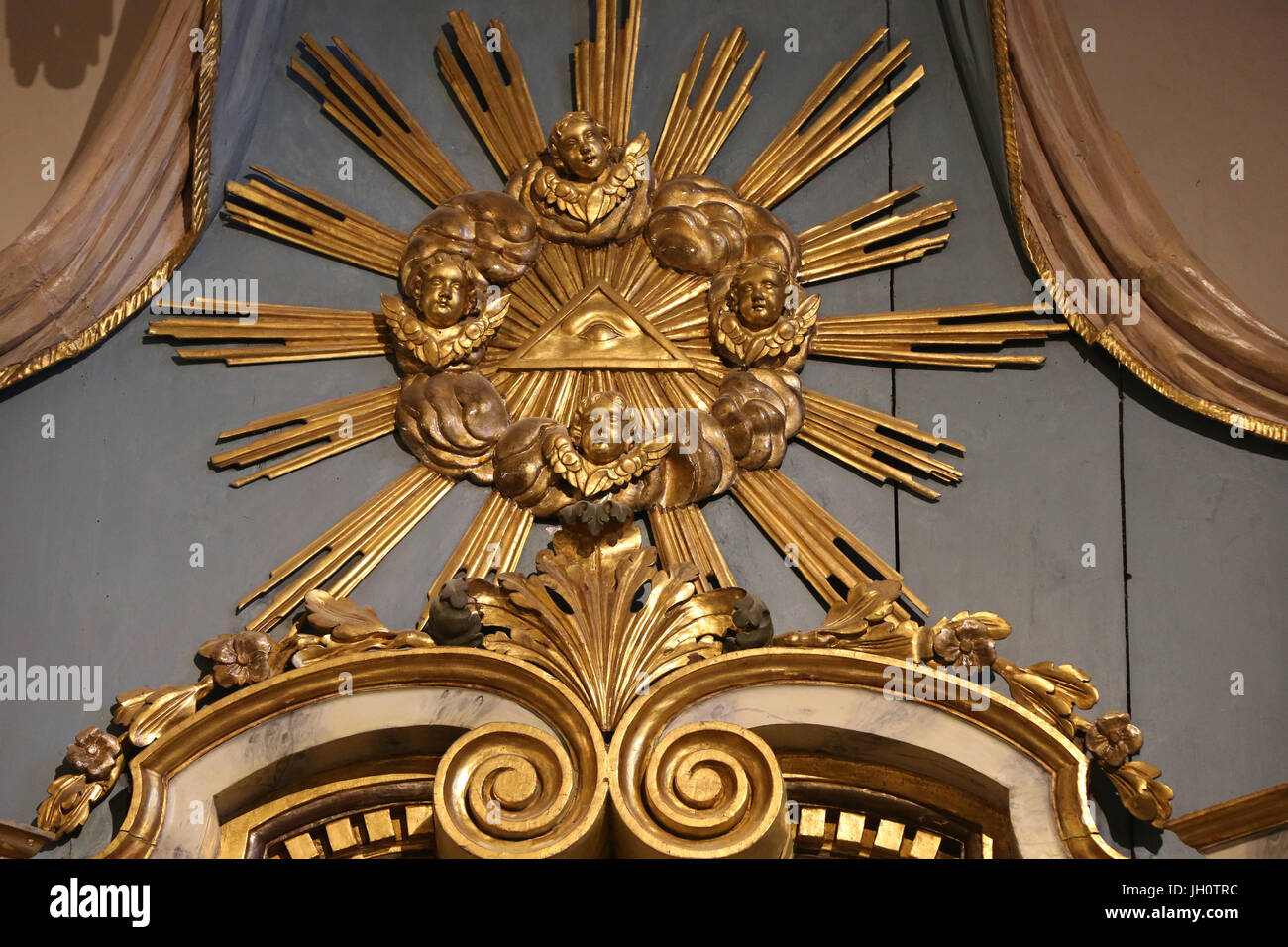 Restoration of Saint Gervais baroque church. The Eye of Providence or the all-seeing eye of God. France. Stock Photo