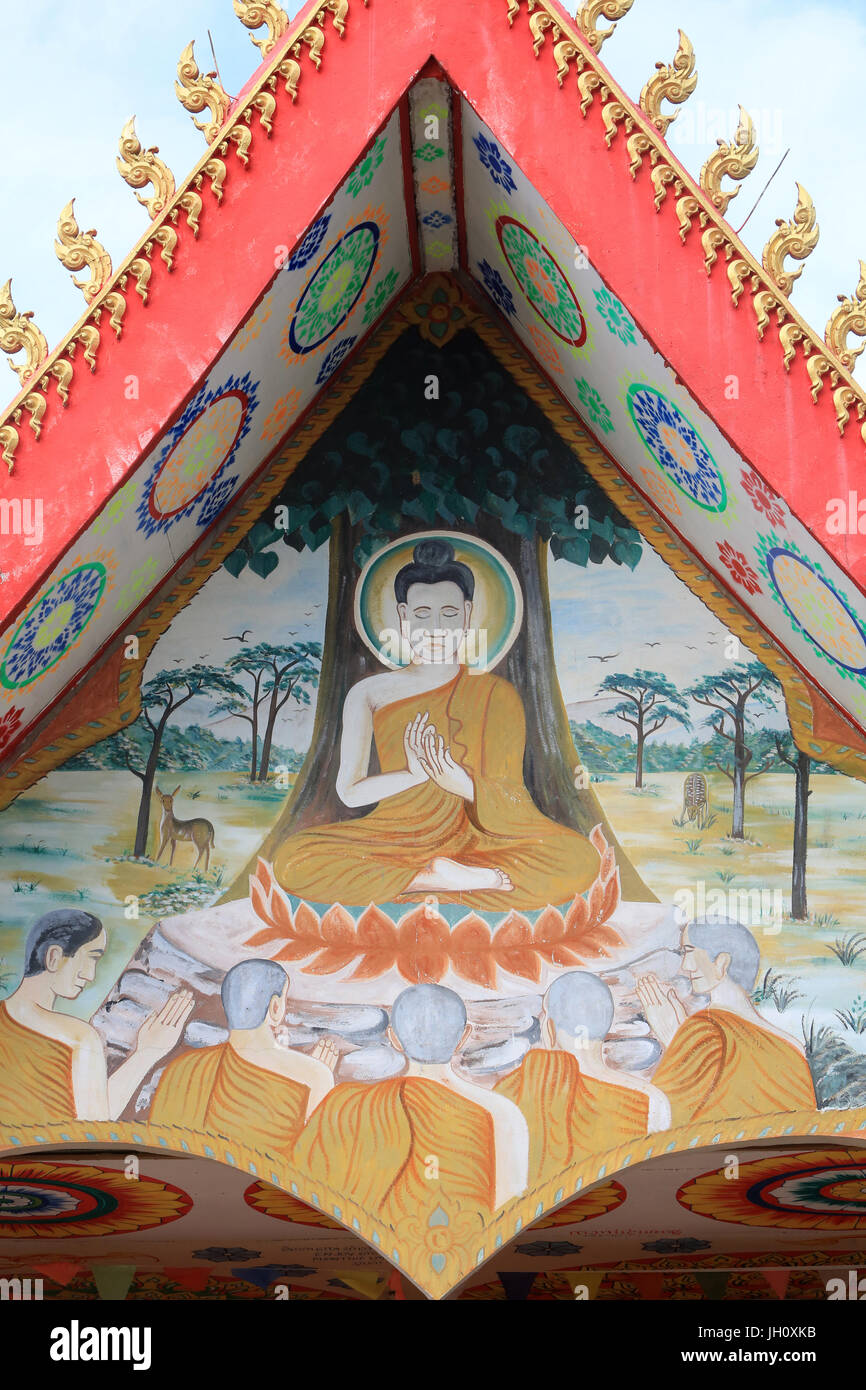 Buddha gave his first sermon to five disciples in Benares. Ceiling Artwork Depicting the Life of Buddha. Wat Si Sou Mang Karam Temple. Vieng Vang. Lao Stock Photo