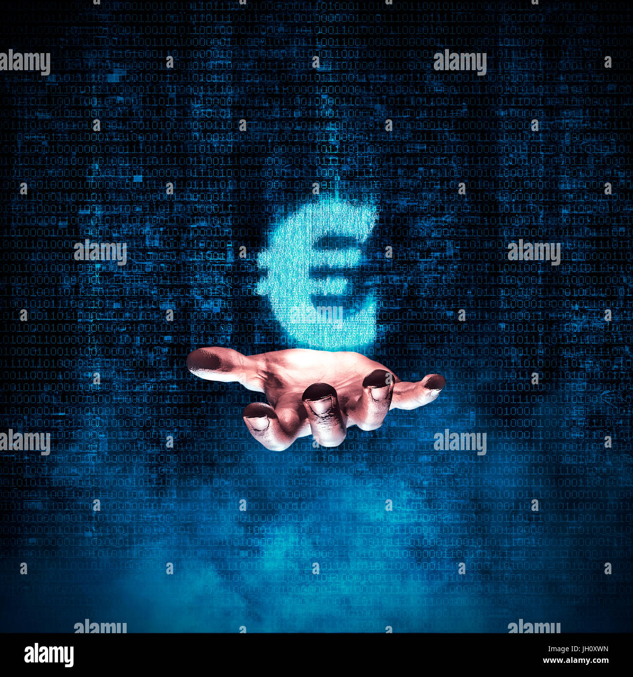 Binary euro hand / 3D illustration of glowing euro symbol formed by binary digits floating above open hand Stock Photo