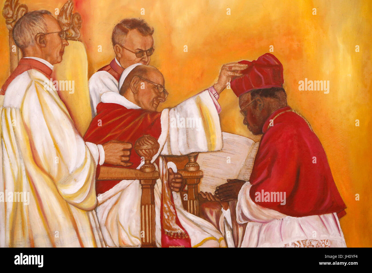 Painting in Namugongo catholic martyrs' shrine church, Kampala. Ordination of a Ugandan bishop. Uganda. Stock Photo