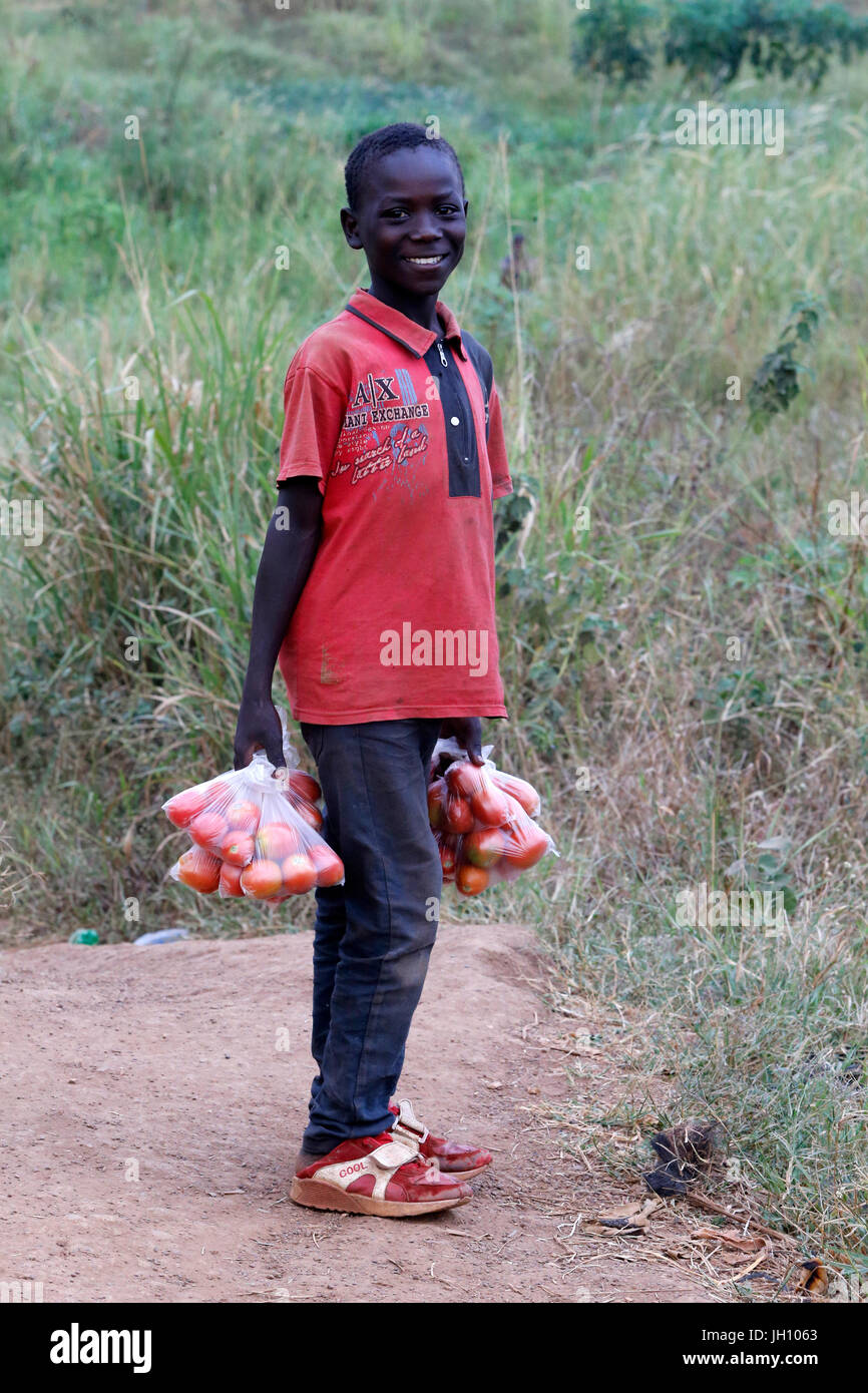 Ugandan child carrying tomatoes. Uganda. Stock Photo