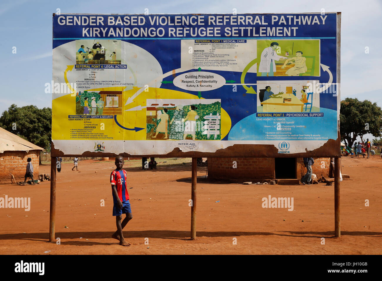 Kiryangondo refugee camp. Gender based violence referral sign. Uganda. Stock Photo