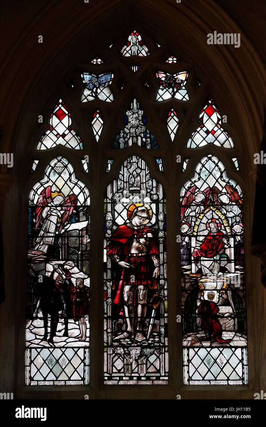 Saint Martin's cathedral, Leicester, U.K. Stained glass depicting episodes of Saint Martin's life. United kingdom. Stock Photo