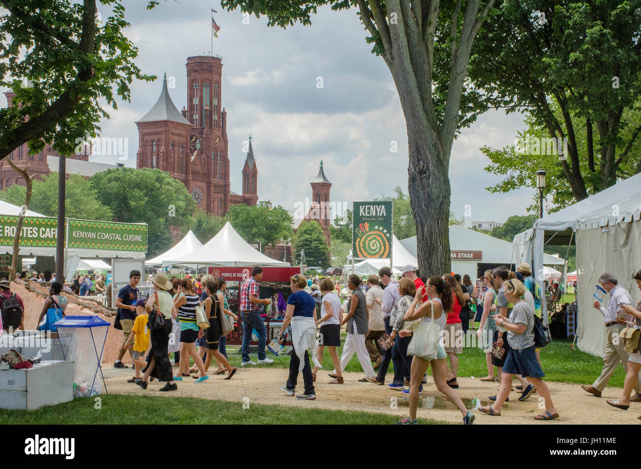 Cultures and crafts of Kenya were featured at the 2014 Smithsonian Folklife Festival, on the National Mall in Washington, DC. Smithsonian Castle is in Stock Photo