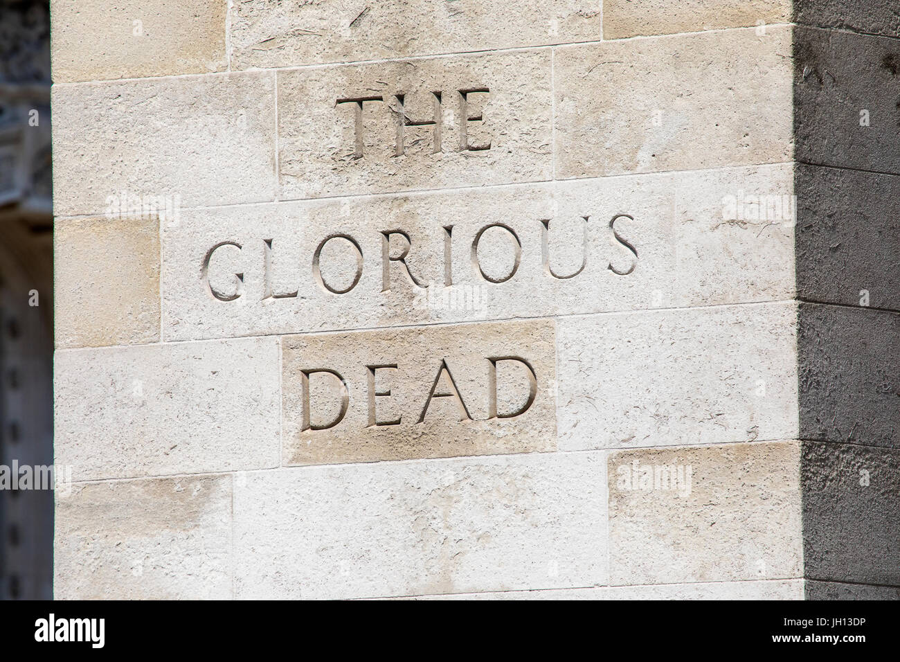 A close-up view of The Glorious Dead inscription on the Cenotaph in the city of Westminster in London, UK. Stock Photo