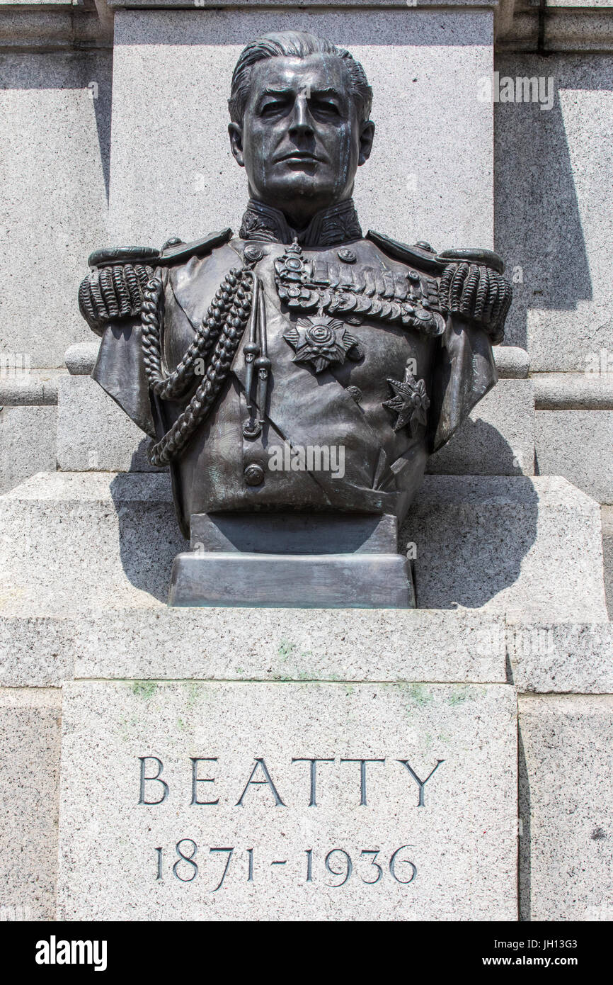 A bust of Admiral of the Fleet David Richard Beatty, 1st Earl Beatty, located in Trafalgar Square in London, UK. Stock Photo
