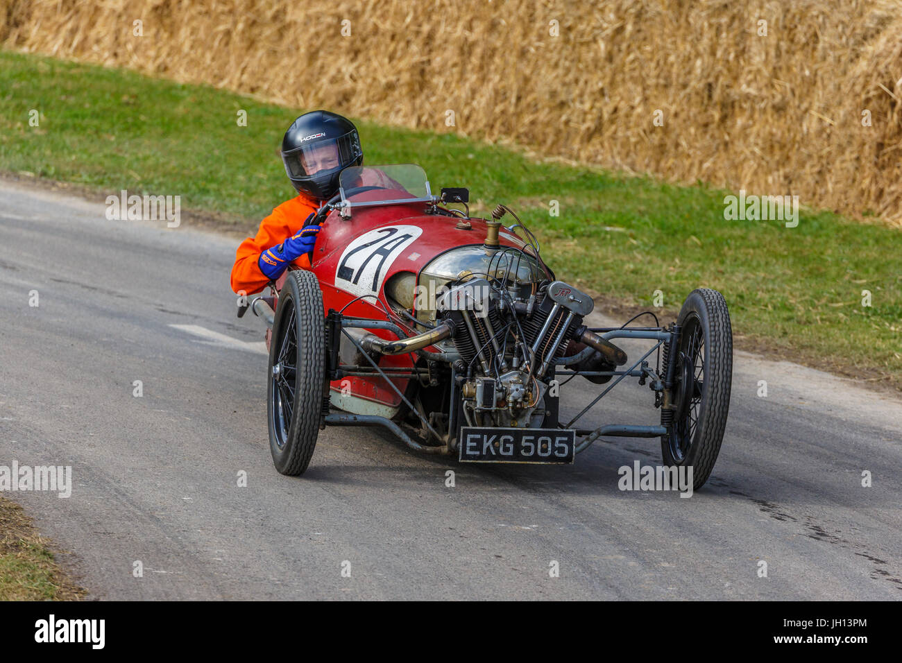 1929 Morgan Aero Brooklands racer with driver Alex Larke at the 2017 Goodwood Festival of Speed, Sussex, UK. Stock Photo