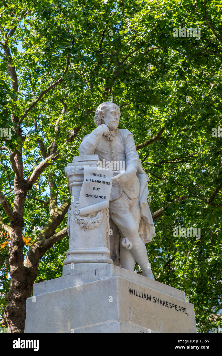 A statue of historic playwright William Shakespeare, located in Leicester Square in London, UK. Stock Photo