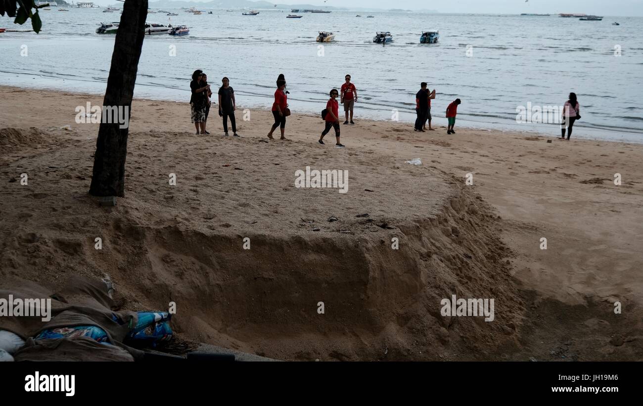 Beach Sediment Erosion Hazard from Monsoon Pattaya Chonburi Thailand Gulf of Thailand July 2017 Stock Photo