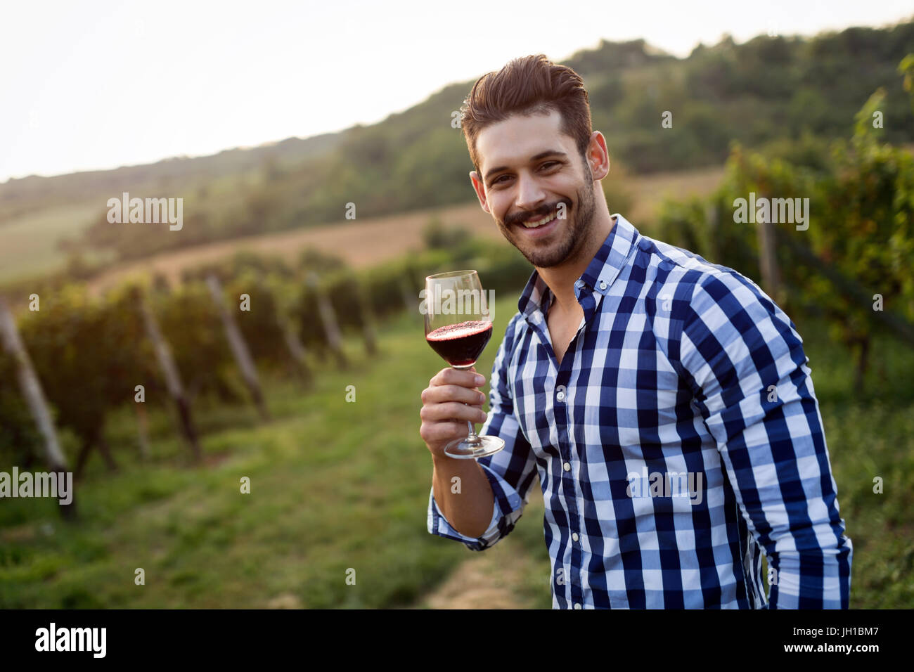 Winegrower tasting wine in vineyard Stock Photo - Alamy