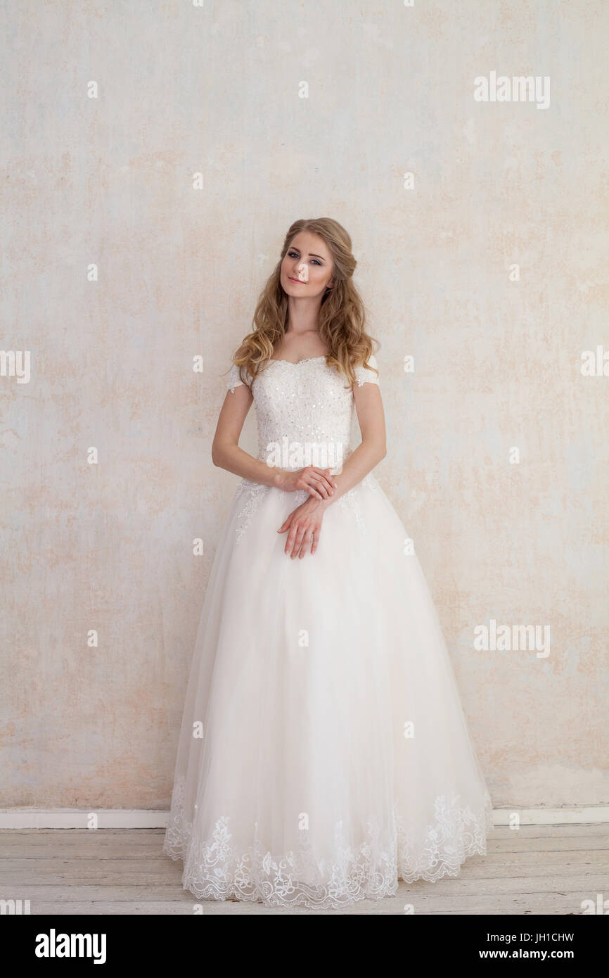 the bride at a wedding in white wedding dress Stock Photo