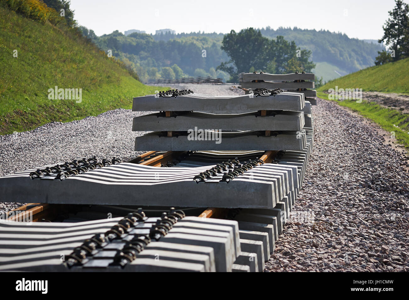 Construction site of the railway line, railroad ties, surface, railway