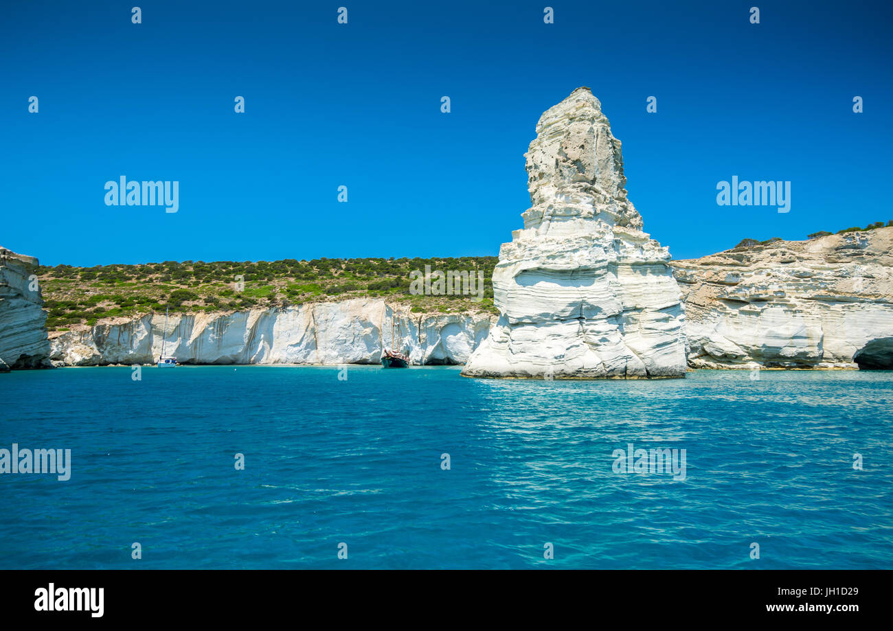 Rock formations and sea caves at Kleftiko shoreline in Milos, Greece Stock Photo