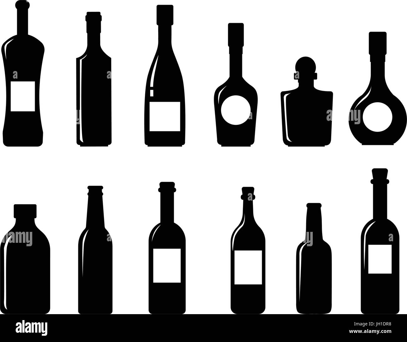 Set of vector silhouettes of bottles on a white background. Bottle icon collection. Stock Vector