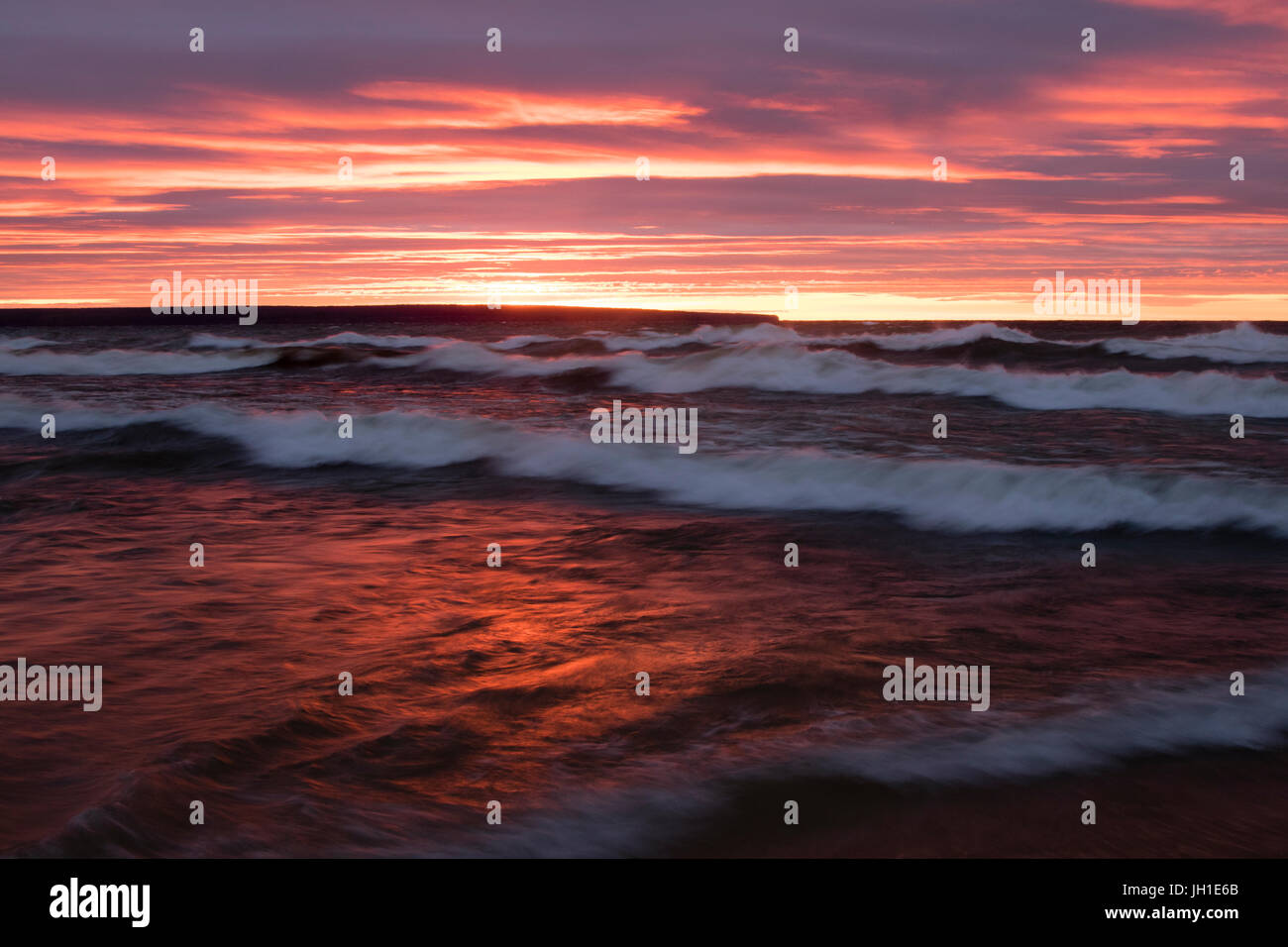 Dramatic Sunset With Waves During Windy Weather at Miner's Beach