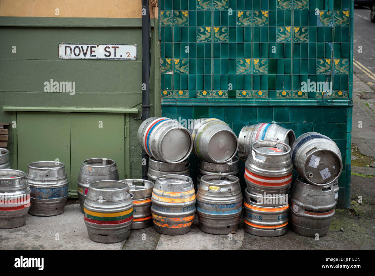 Beer kegs outside the Hare on the Hill pub, Stokes Croft, Bristol UK Stock Photo