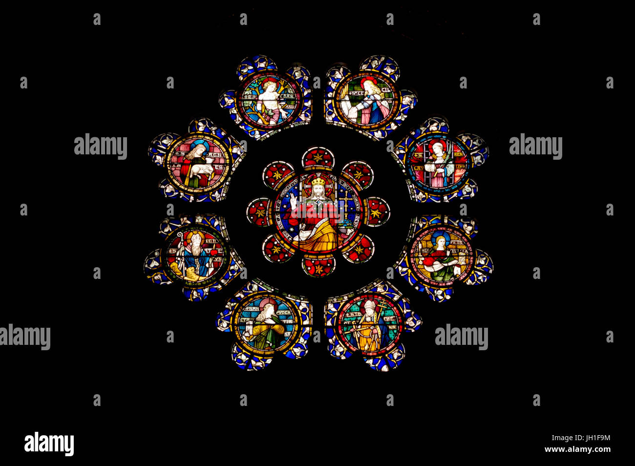Christ the King surrounded by eight Roman martyrs (by Clayton and Bell) - The Stained Glass Windows of St. Paul’s Within the Walls - Rome Stock Photo