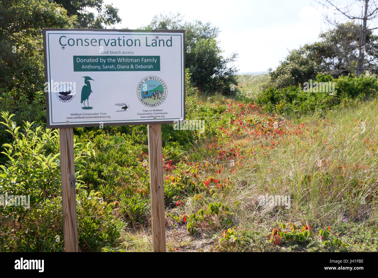 Sign:  Conservation land donated by the Whitman Family. Stock Photo
