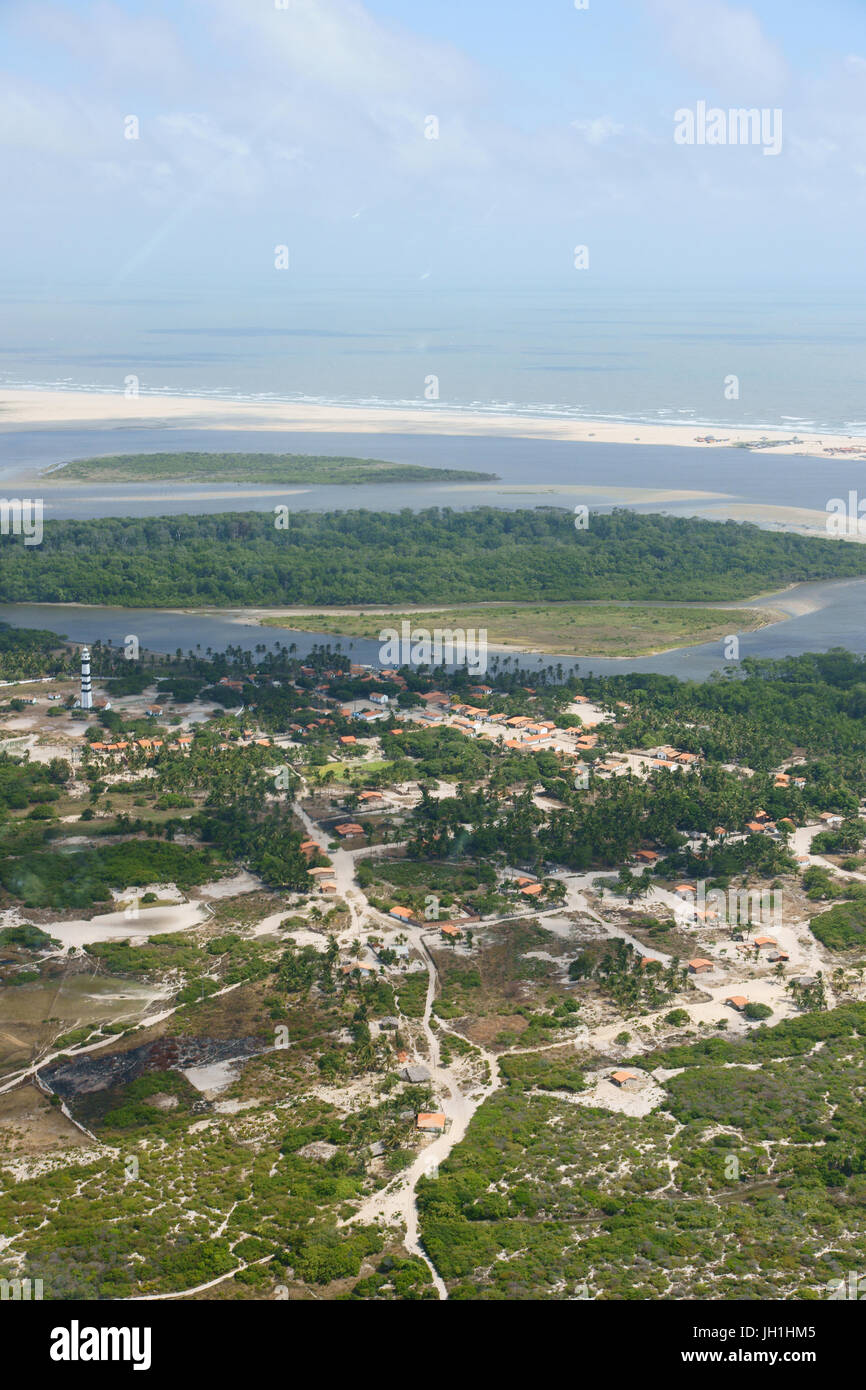 See aerial, Lençois Maranhenses, Rio Preguiças, Light Laziness, Light  Mandacaru, City,  Barreirinhas, Maranhão, Brazil Stock Photo