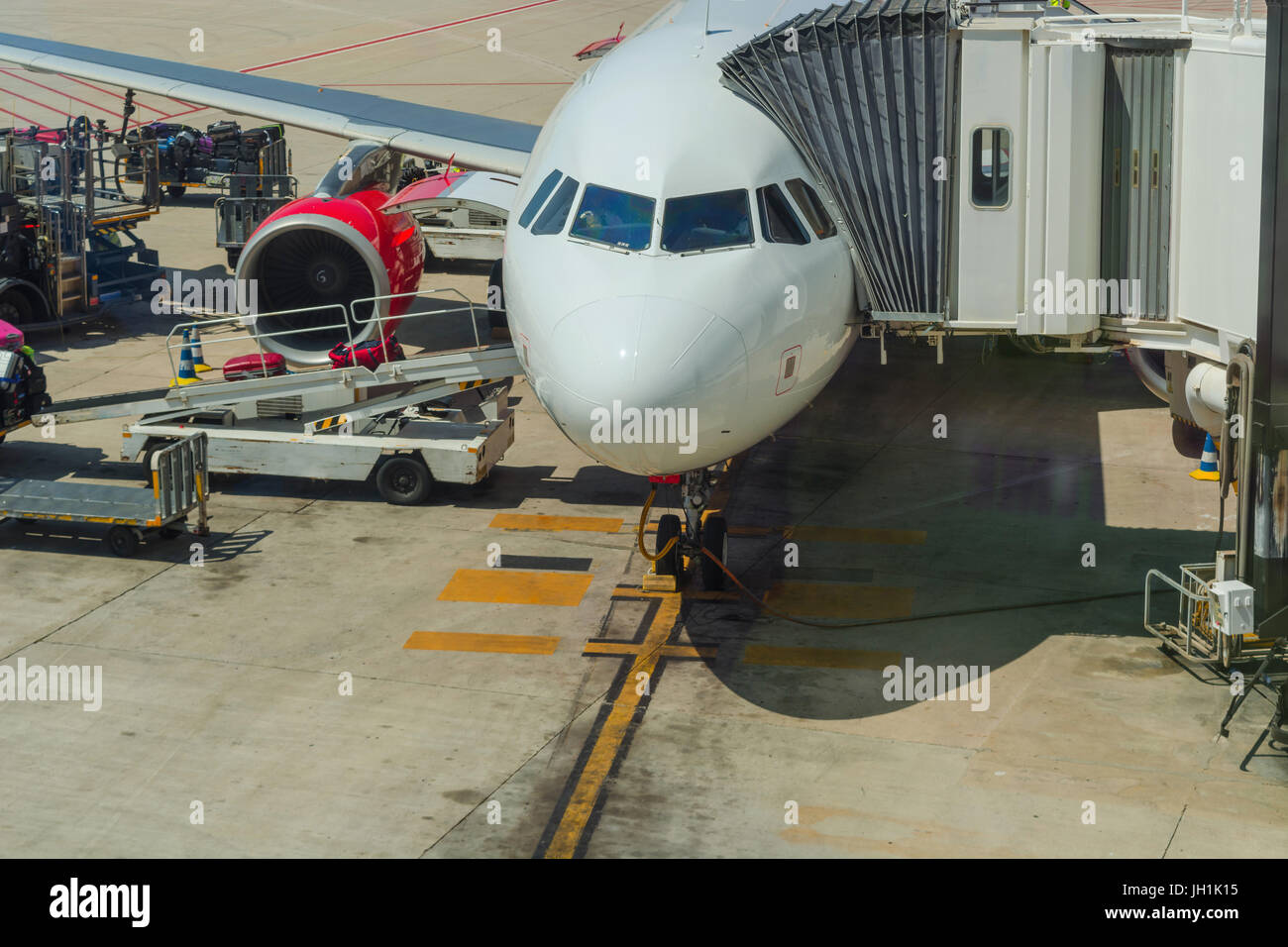 Airport of Mallorca, airplane in departure area during loading and refueling ready for departure. Stock Photo