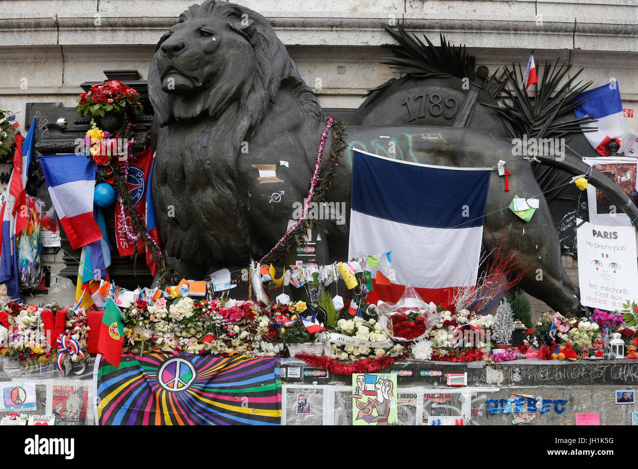 Terrorist attack memorial at Place de la RŽpublique, Paris. France. Stock Photo