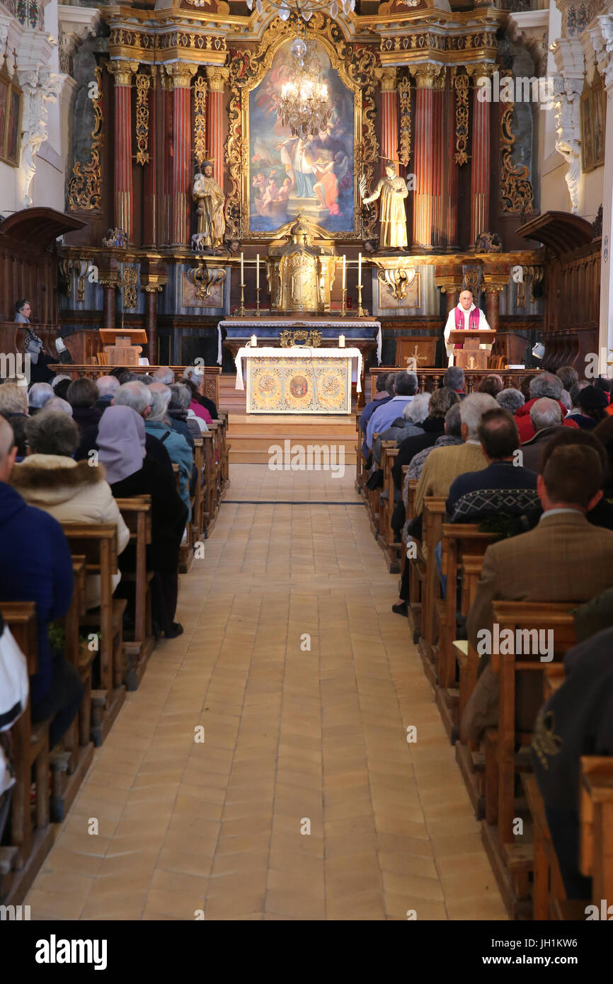 Saint-Nicolas de Veroce church.  Catholic mass.  France. Stock Photo