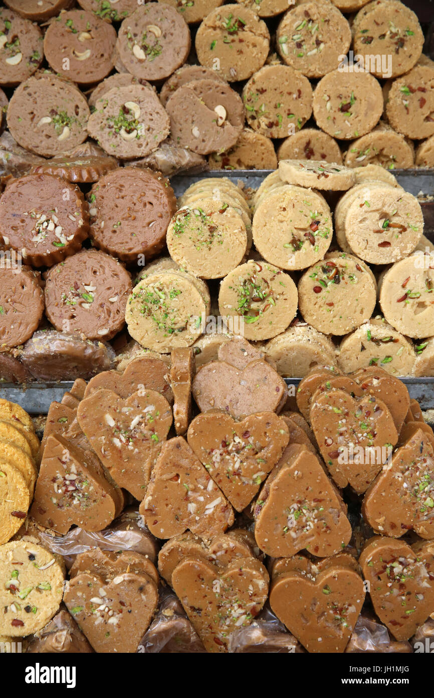 Pastry shop outside Ajmer Sharif dargah, Rajasthan.  India. Stock Photo