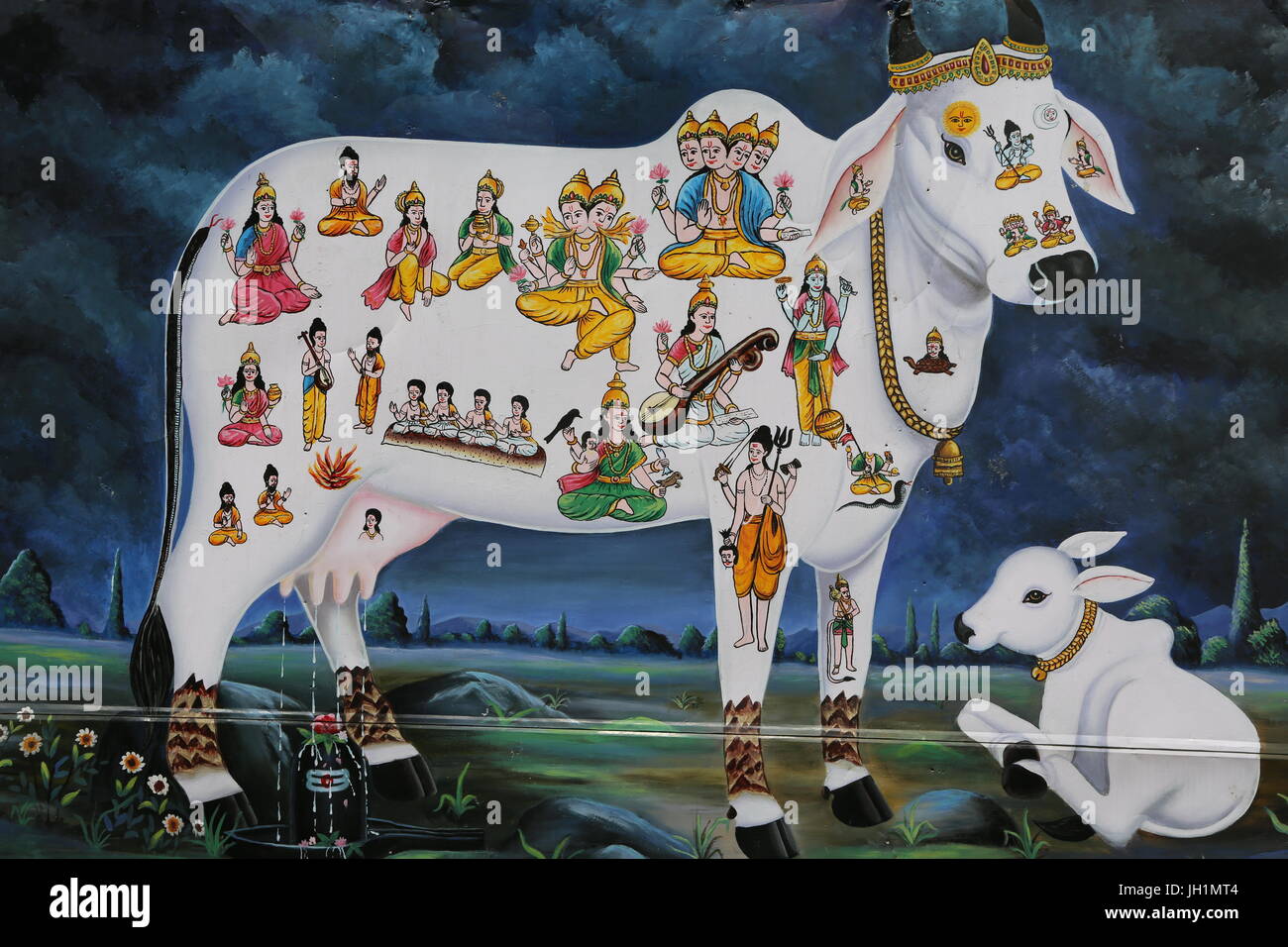 Hindu painting. Sacred cow and calf. India. Stock Photo