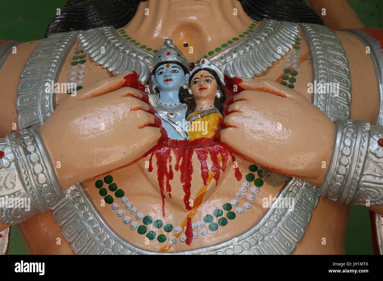 Detail of a Hanuman murthi in Goverdan (with Rama and Sita).  India. Stock Photo