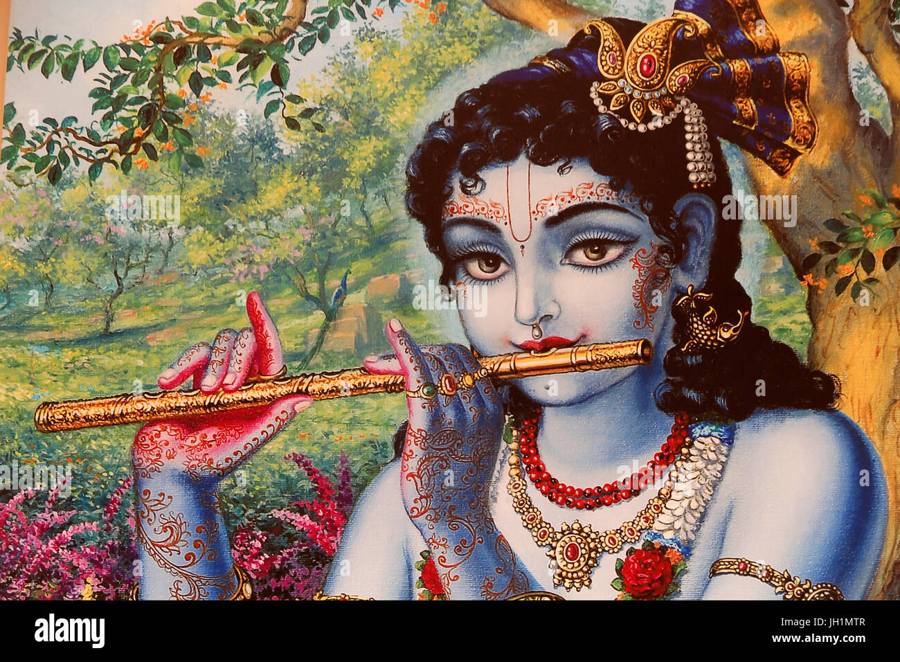 Painting depicting Hindu god Krishna playing a flute outdoors. India. Stock Photo