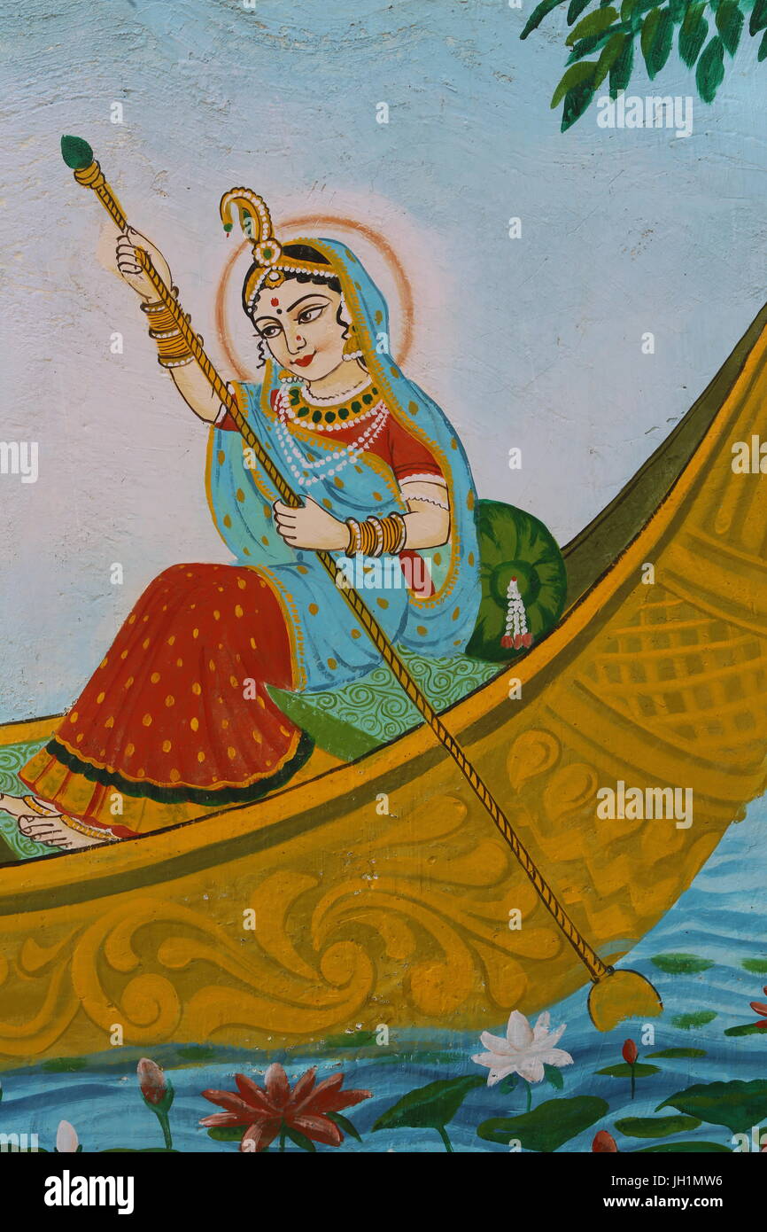 Painting depicting Sri Radha (Krishna's consort) rowing a boat. India. Stock Photo