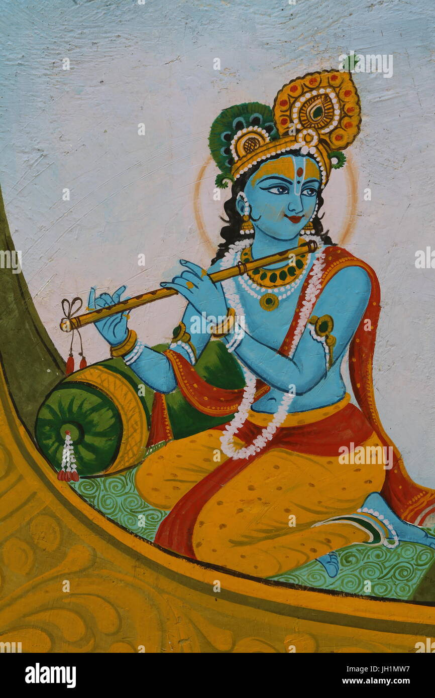 Painting depicting Krishna on a boat. India. Stock Photo