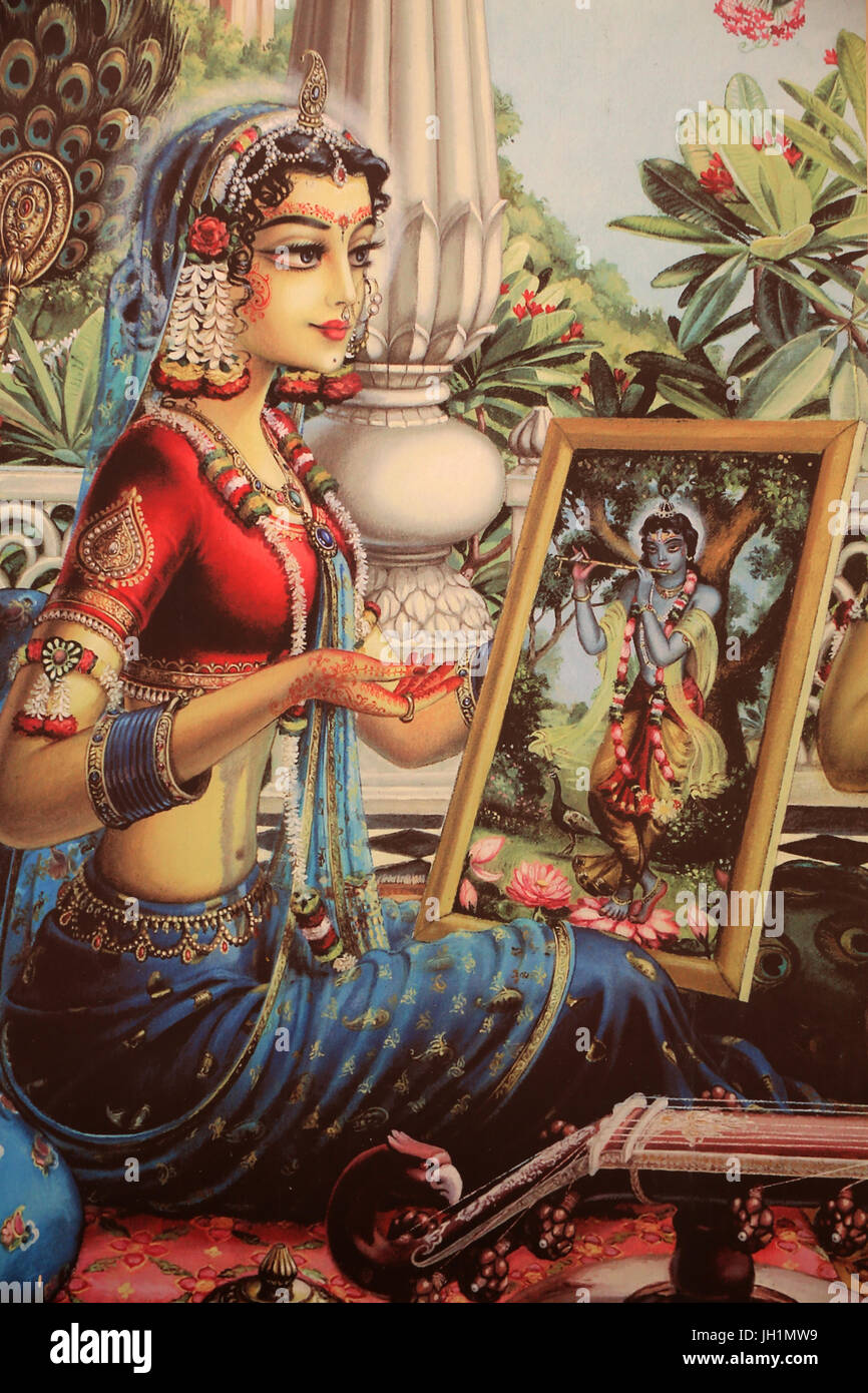 Painting depicting Radha looking at a picture of Krishna. India. Stock Photo