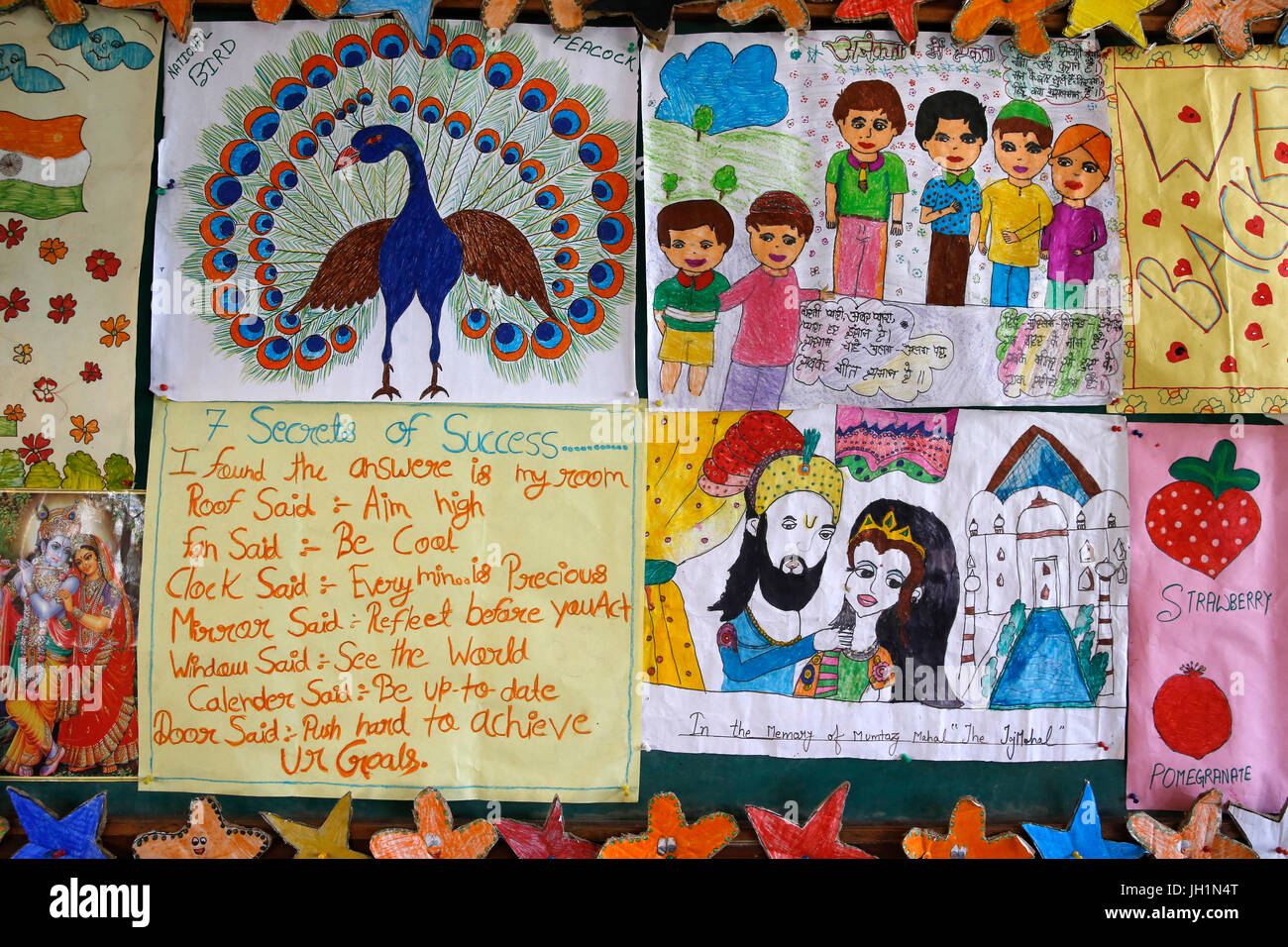 Sandipani Muni School for needy girls run by Food for Life Vrindavan. Pupil's drawing exhibited in classroom. India. Stock Photo