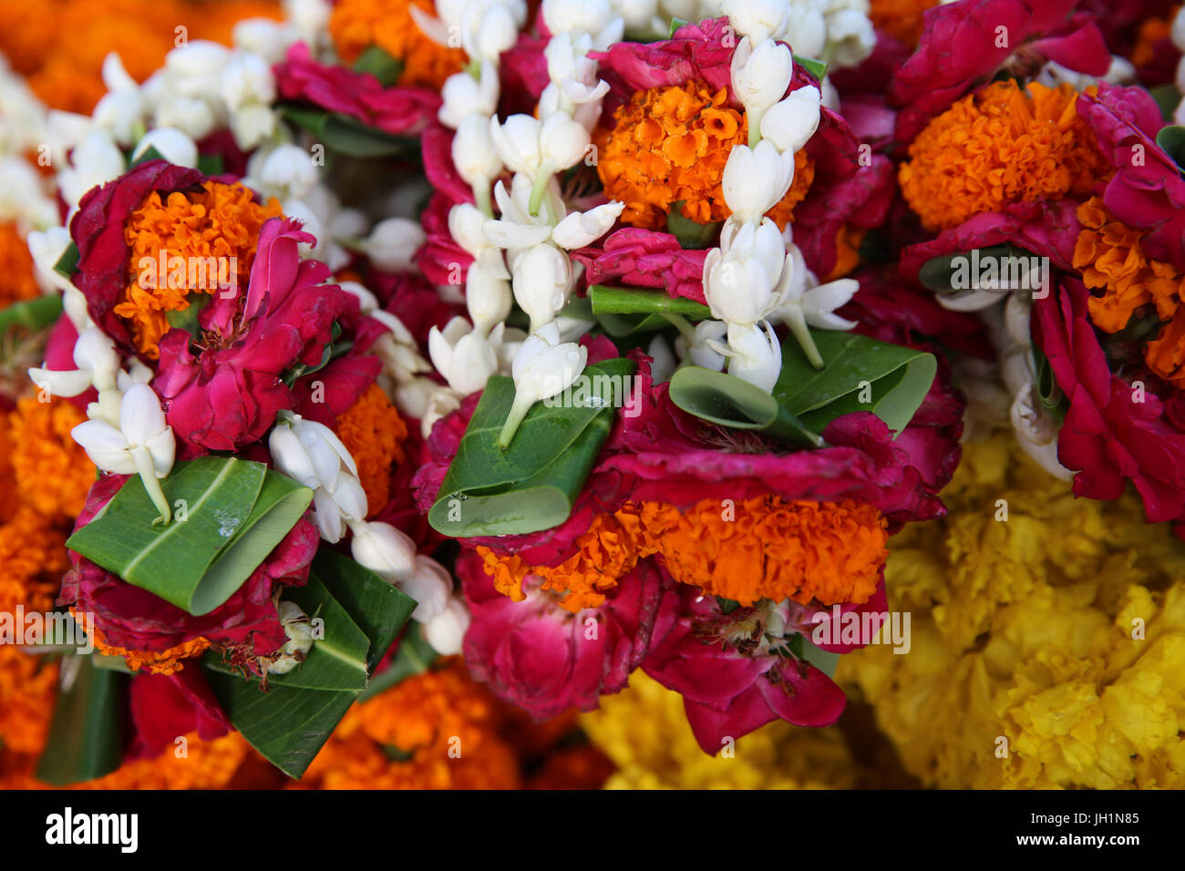 Detail of flower offerings in Vrindavan, Uttar Pradesh. India. Stock Photo