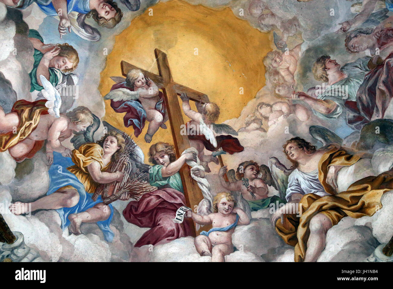 Sacred Mountain of Varallo. Cross and angels.  Italy. Stock Photo
