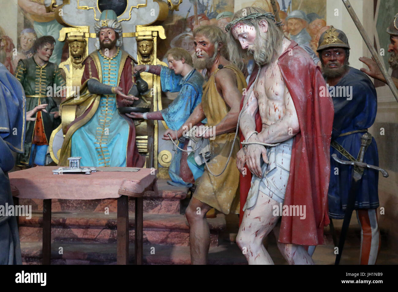 Sacred Mountain of Varallo. Chapel 34. Pilate washes his hands.  Italy. Stock Photo
