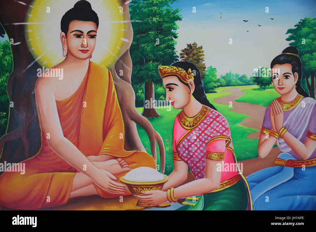 Painting depicting Buddha receiving offerings. Cambodia. Stock Photo