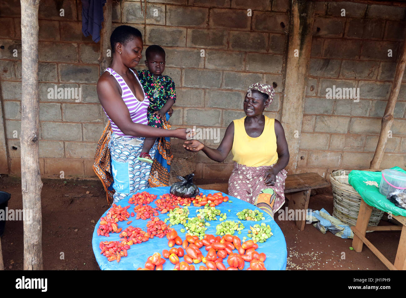 African market. Woman buying red chili and tomatoes. Togo. Stock Photo