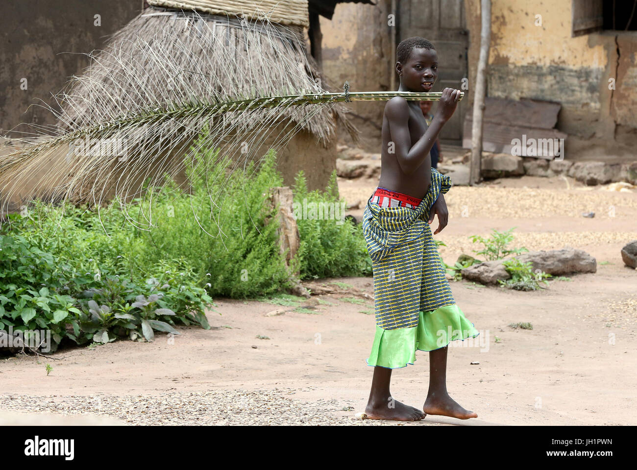 African village life. Girl with palm leave.   Togo. Stock Photo